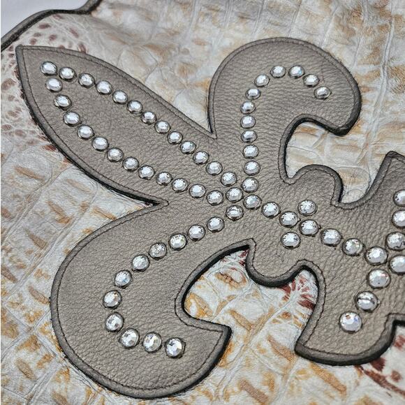 Raviani Multicolor Croc Embossed Leather Fleur De Lis Rhinestone Bucket Bag Stud - Picture 6 of 11
